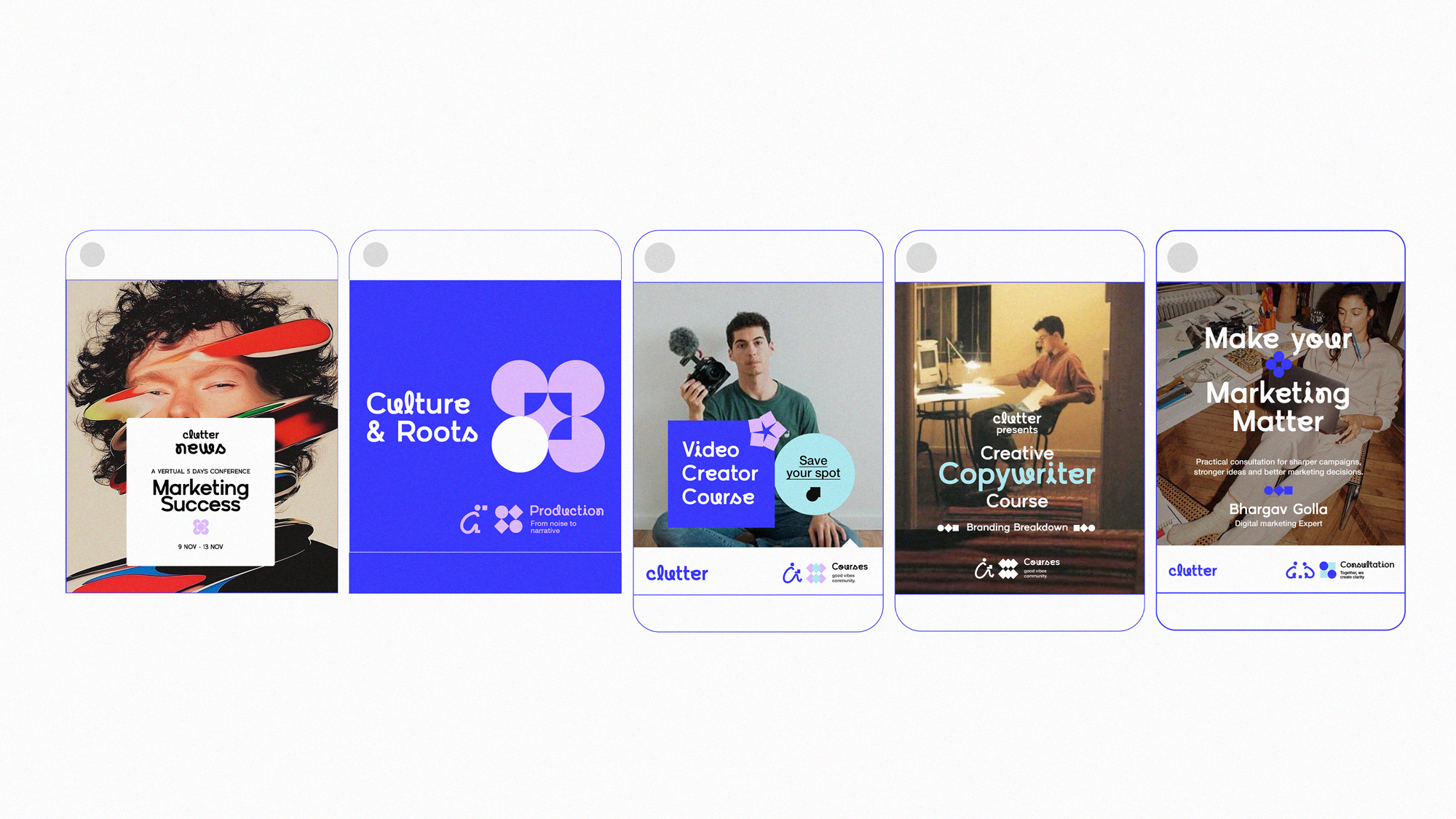5 social media posts mockup from clutter brand identity project.