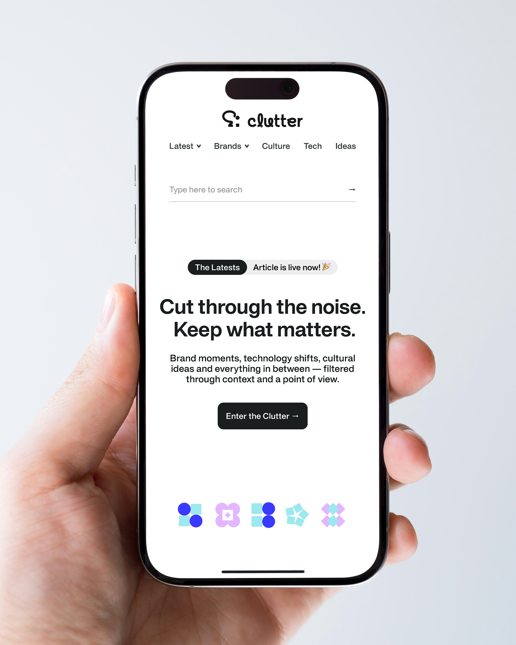 Clutter's home-page mockup on iPhone.