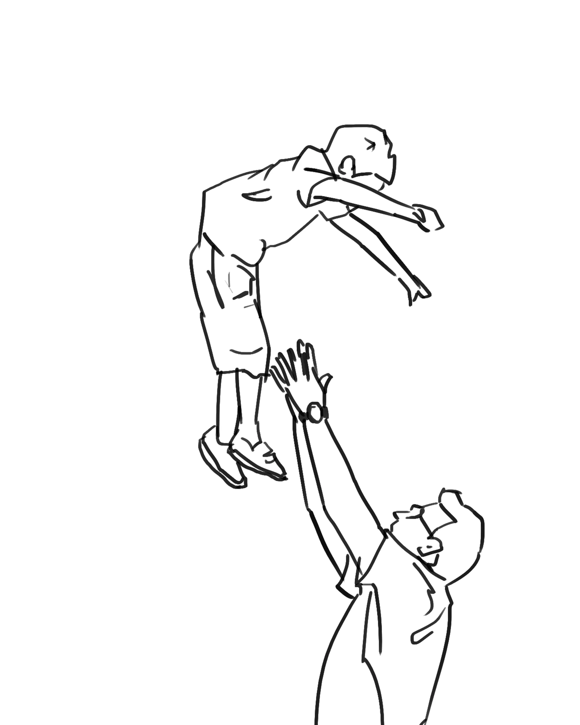 Illustration of an father lifting his son into the air, with the happy son extending arms forward and legs bent, both facing each other.