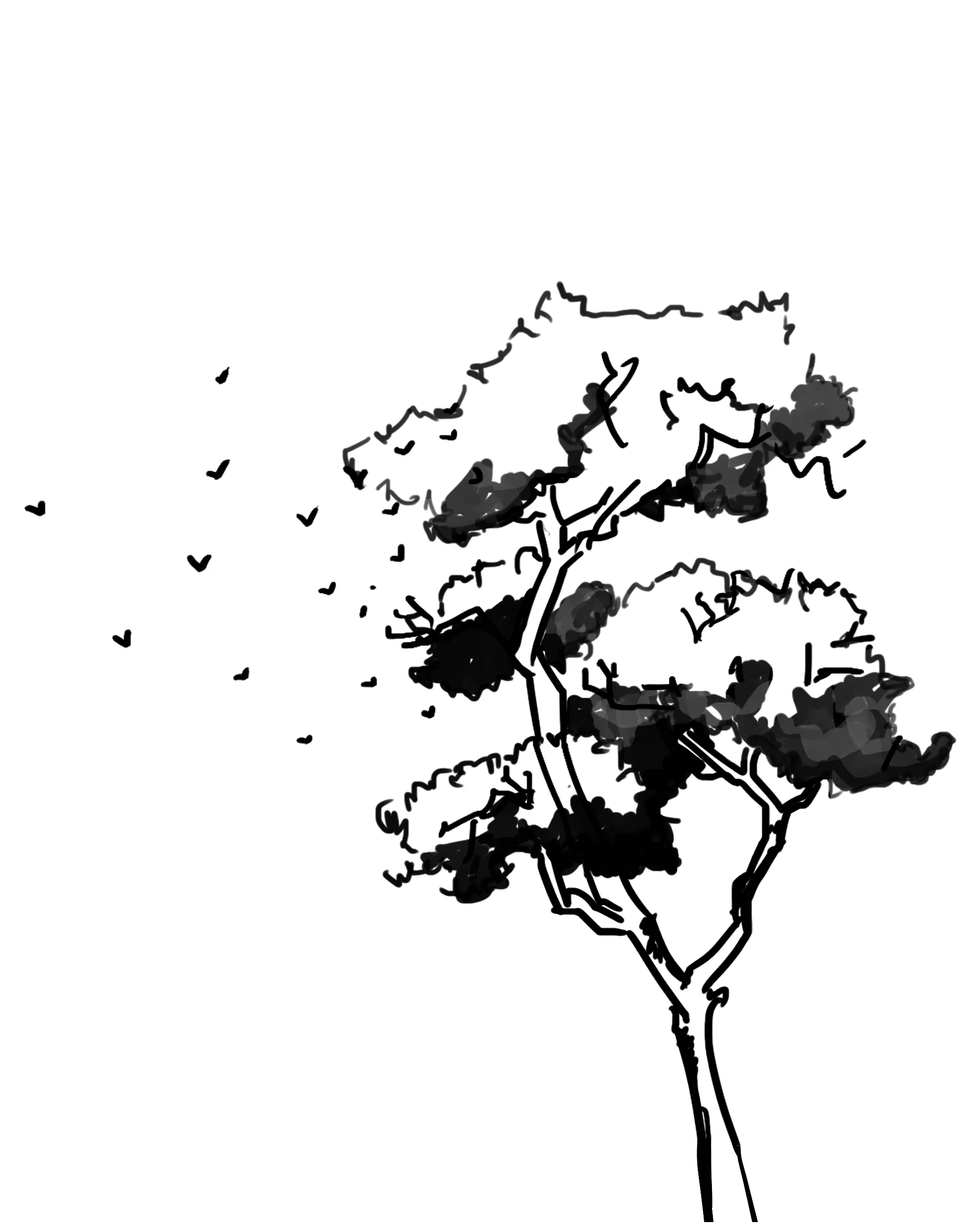 Black and white ink-style drawing of a tree with stylized foliage and branches, with small birds flying around it on a white background.