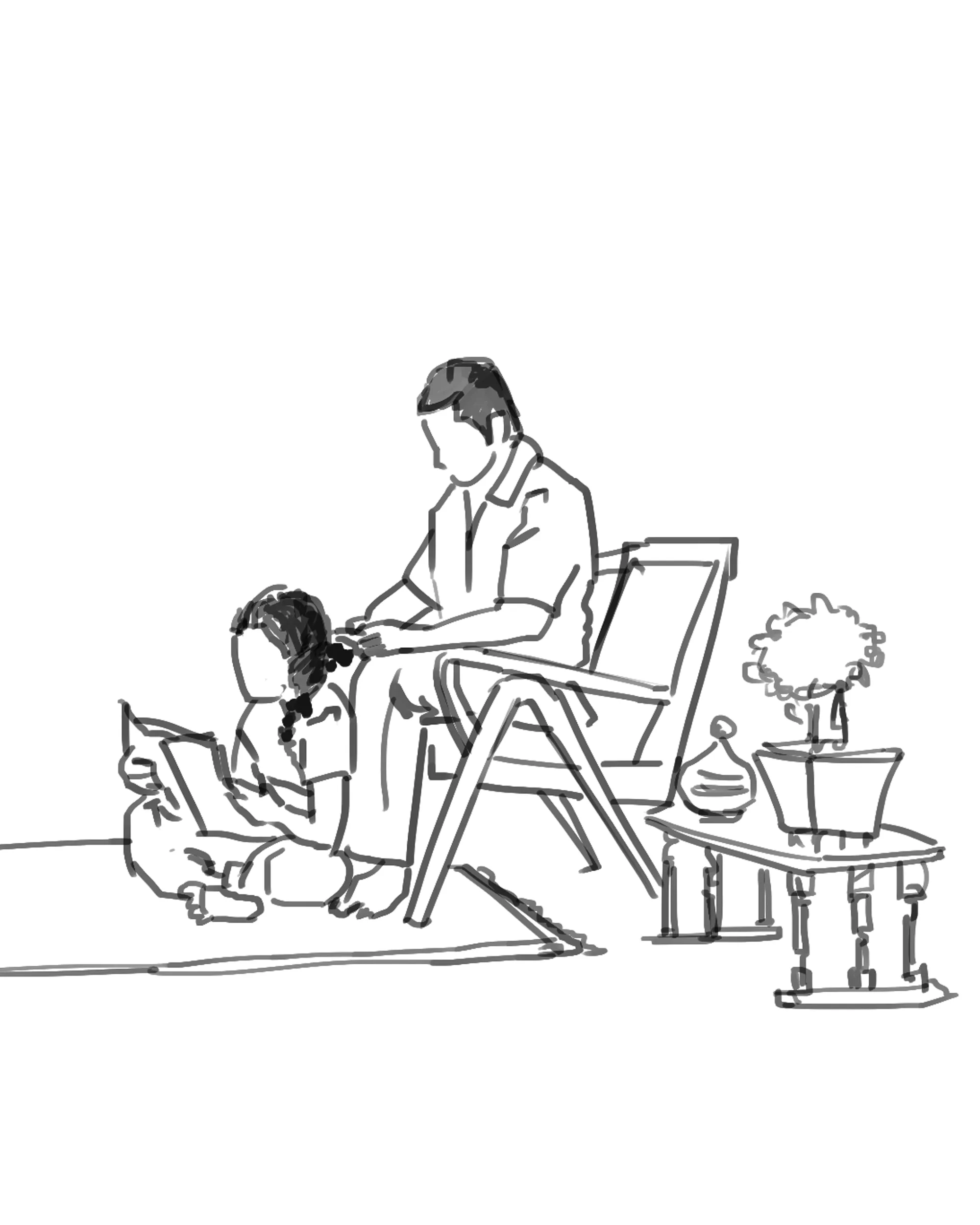 Sketch of a man sitting on a chair braiding the hair of a child seated on the floor while reading a book, next to a small table with a plant and a decorative item.