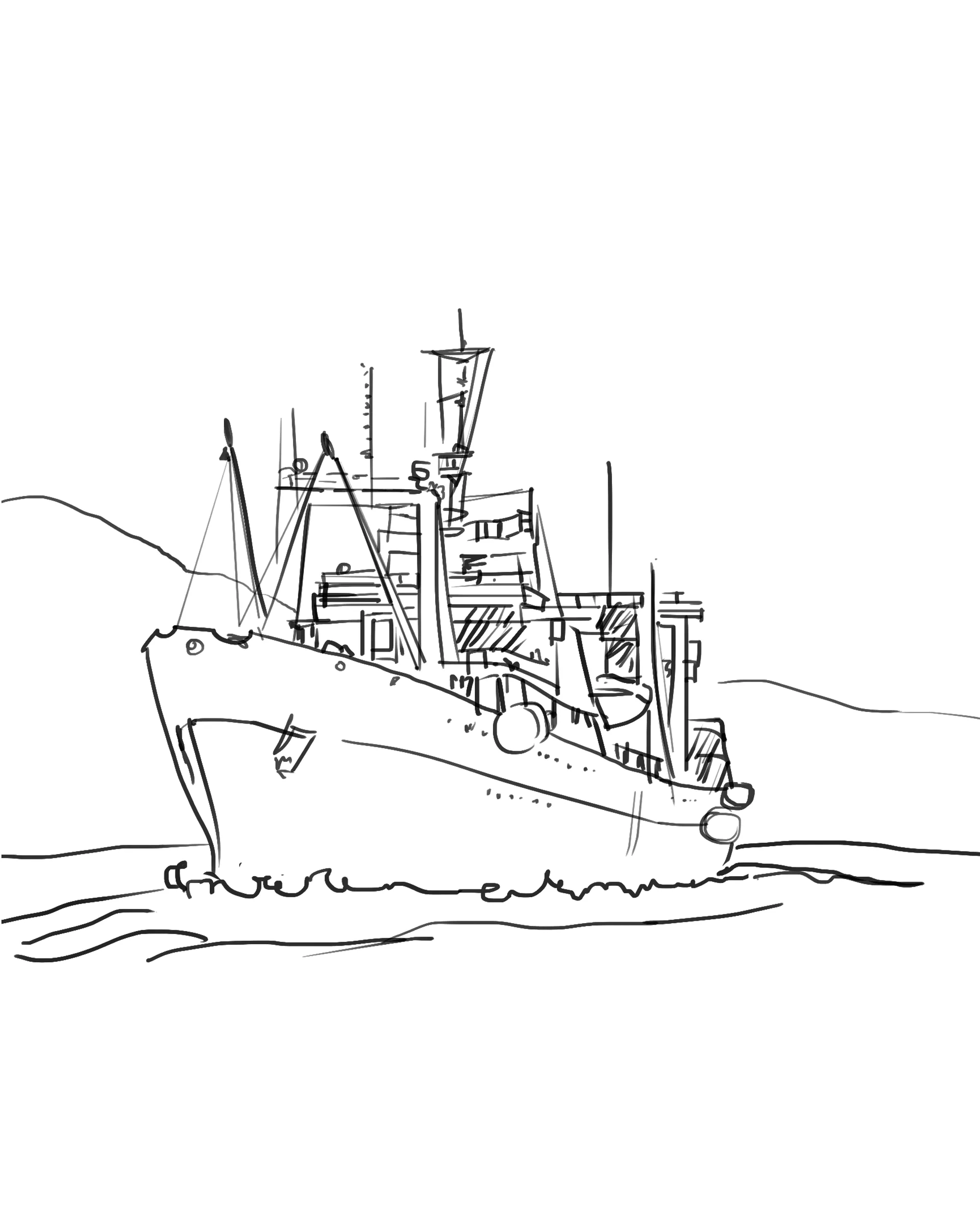 Illustration of a large ship sailing on water with hills in the background.