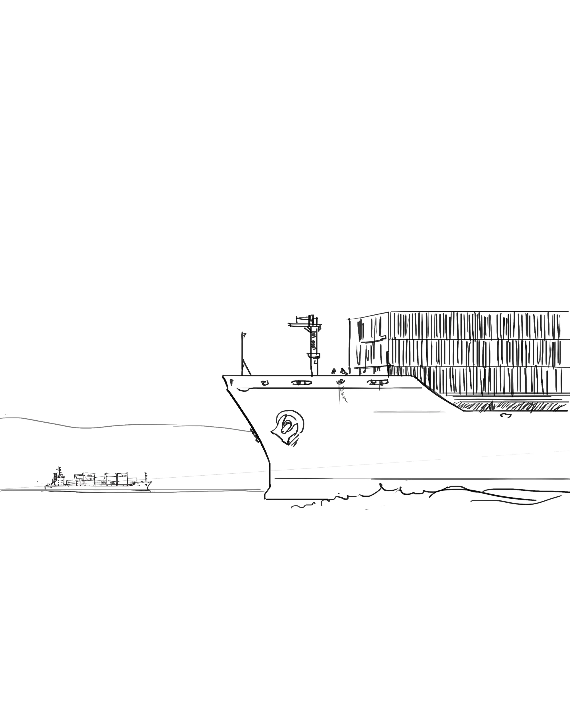 Illustration of two cargo ships on water, one in the foreground with stacked containers and another smaller ship in the distance, with simple outlines of hills in the background.