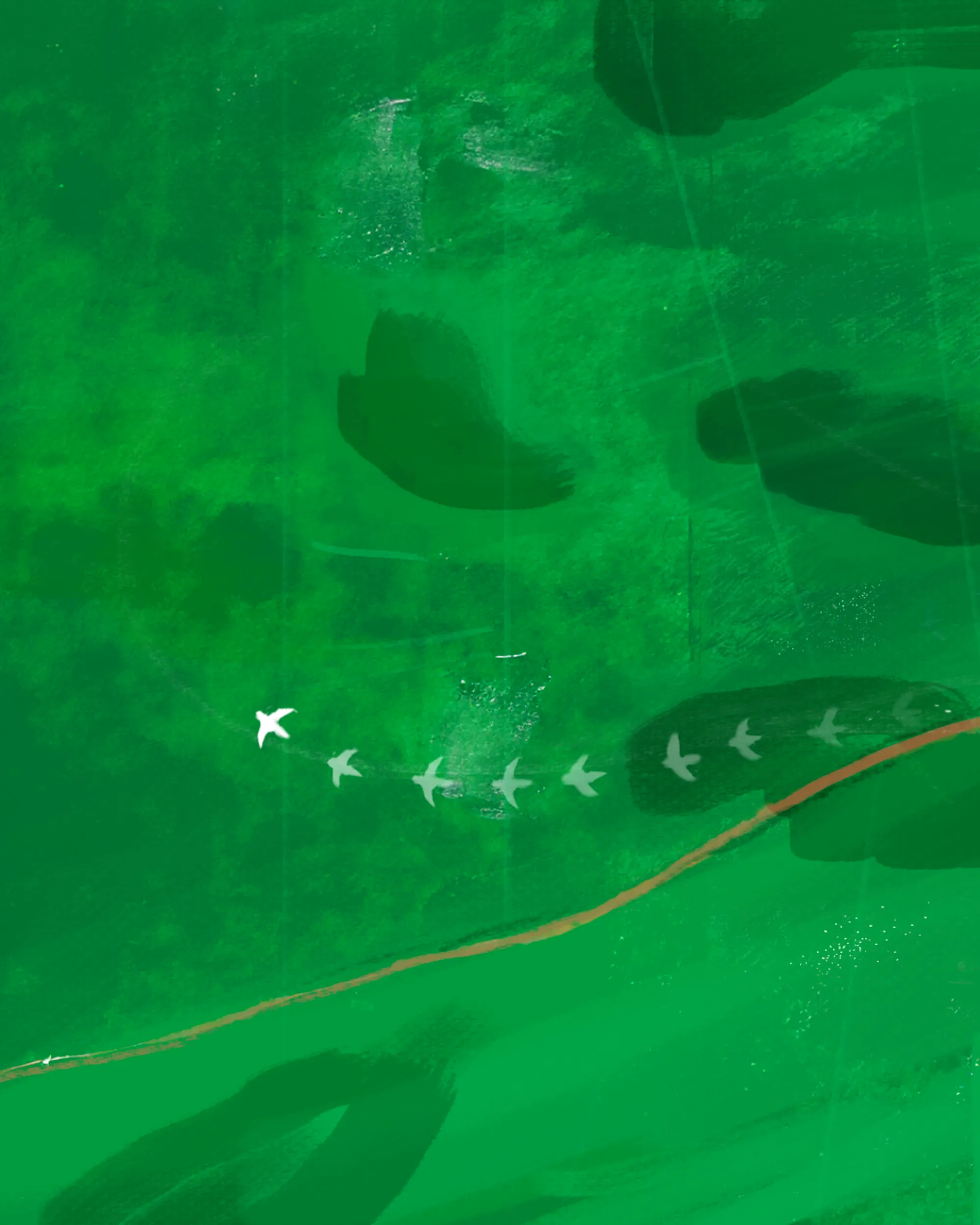 A frame from traditional animation where a bird is flying over the a green field from top view.
