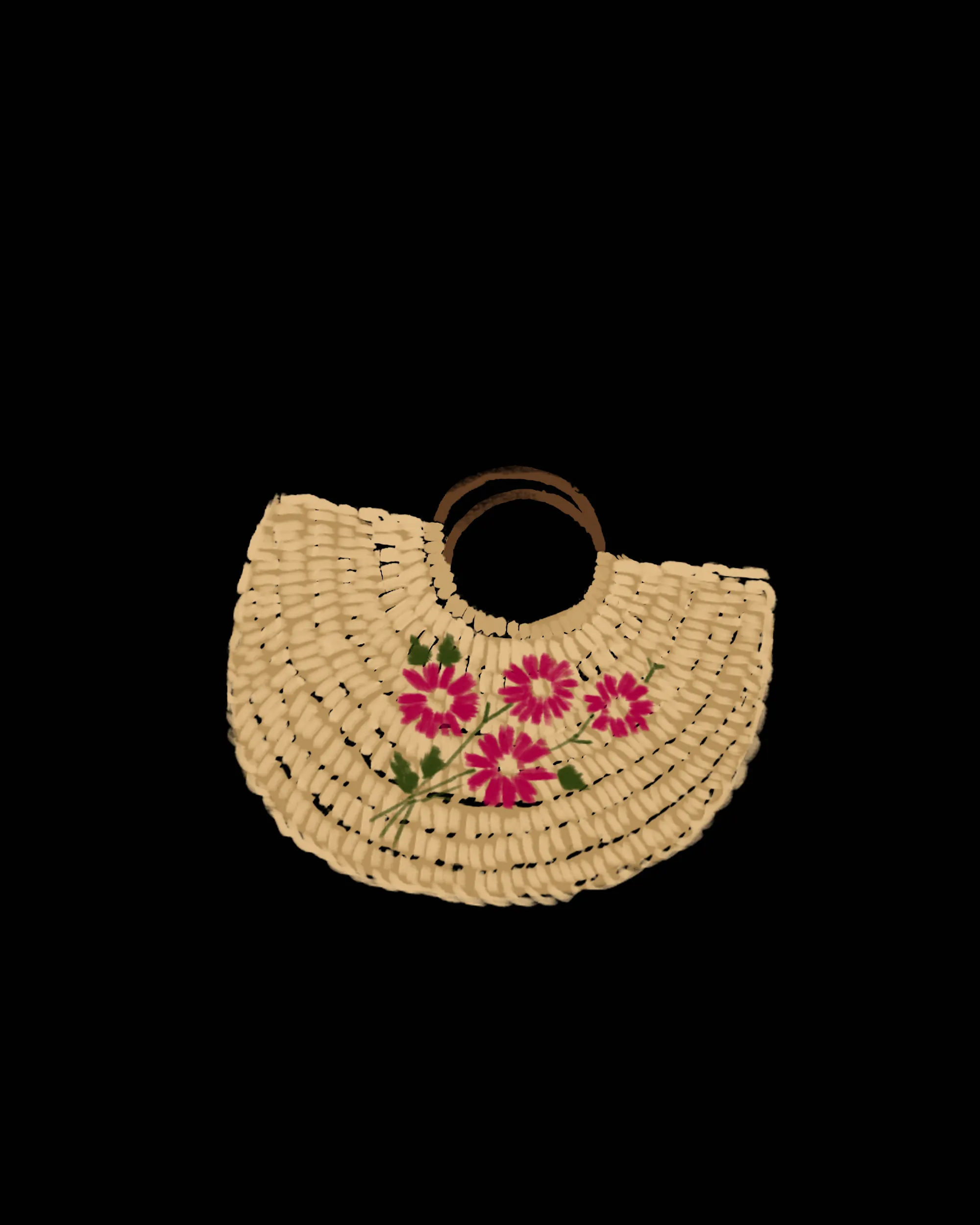A digital painting of jute bag decorated with pink flowers and green leaves on its front.