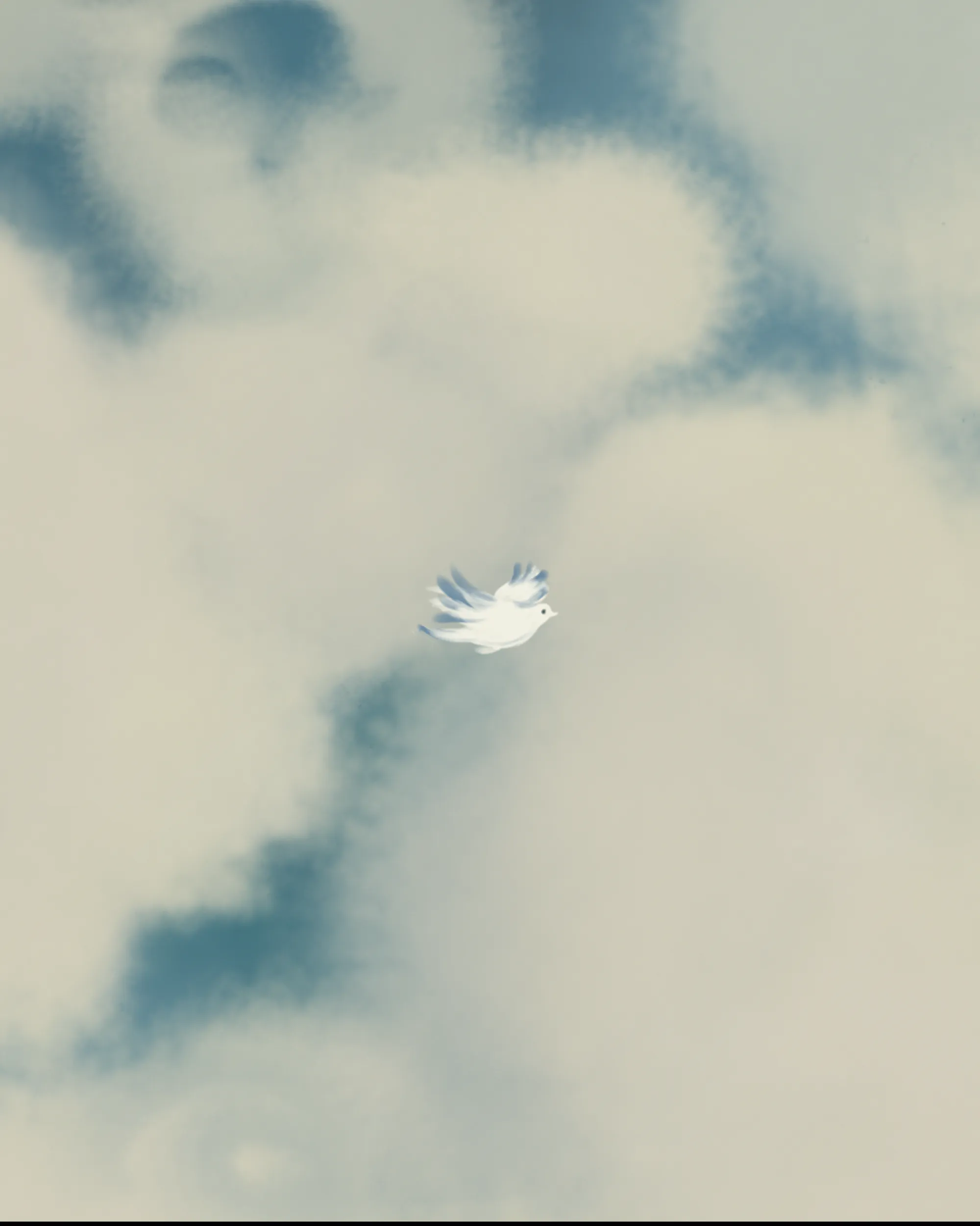 Birdlily flying in a cloudy sky with soft gray and blue tones.