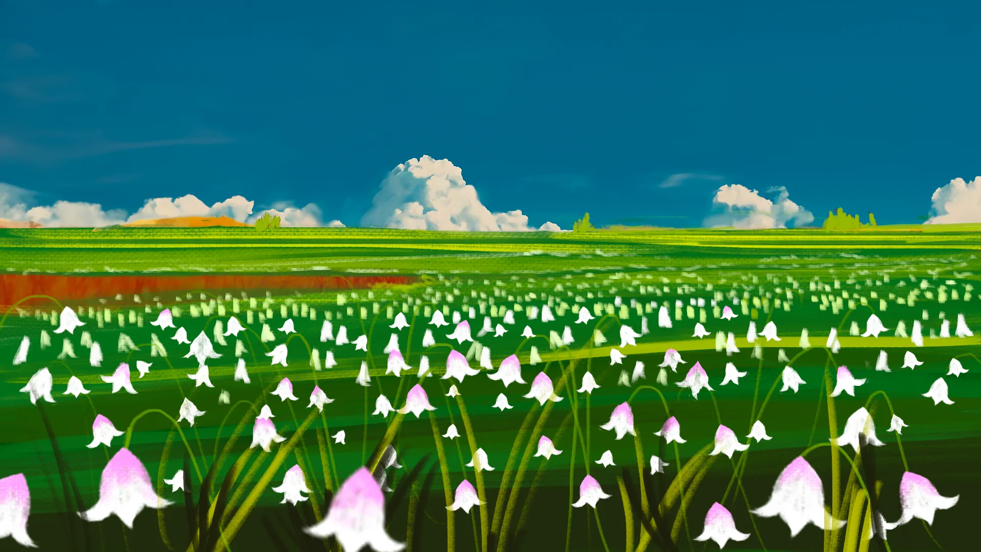 Digital painting of a vast green field filled with white and Shirui Lily flowers under a bright blue sky with fluffy white clouds.