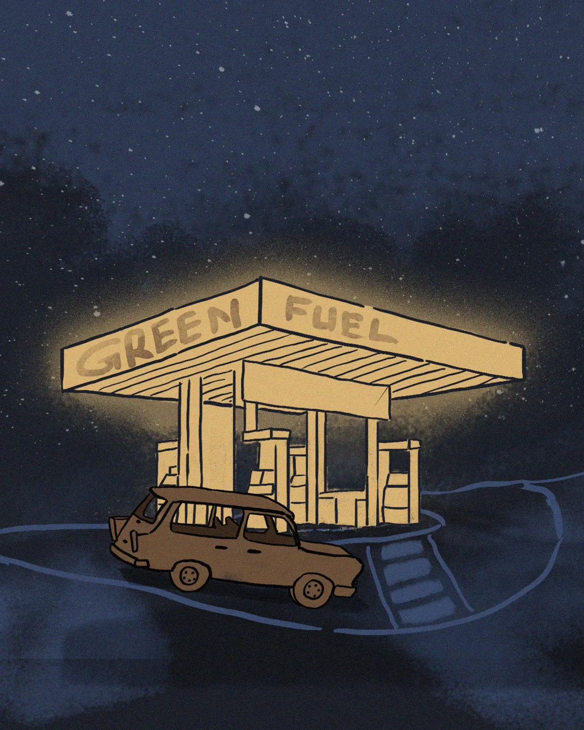 Illustration of a gas station at night with a glowing yellow canopy labeled 'GREEN FUEL' and a brown car parked beside it under a starry dark blue sky.