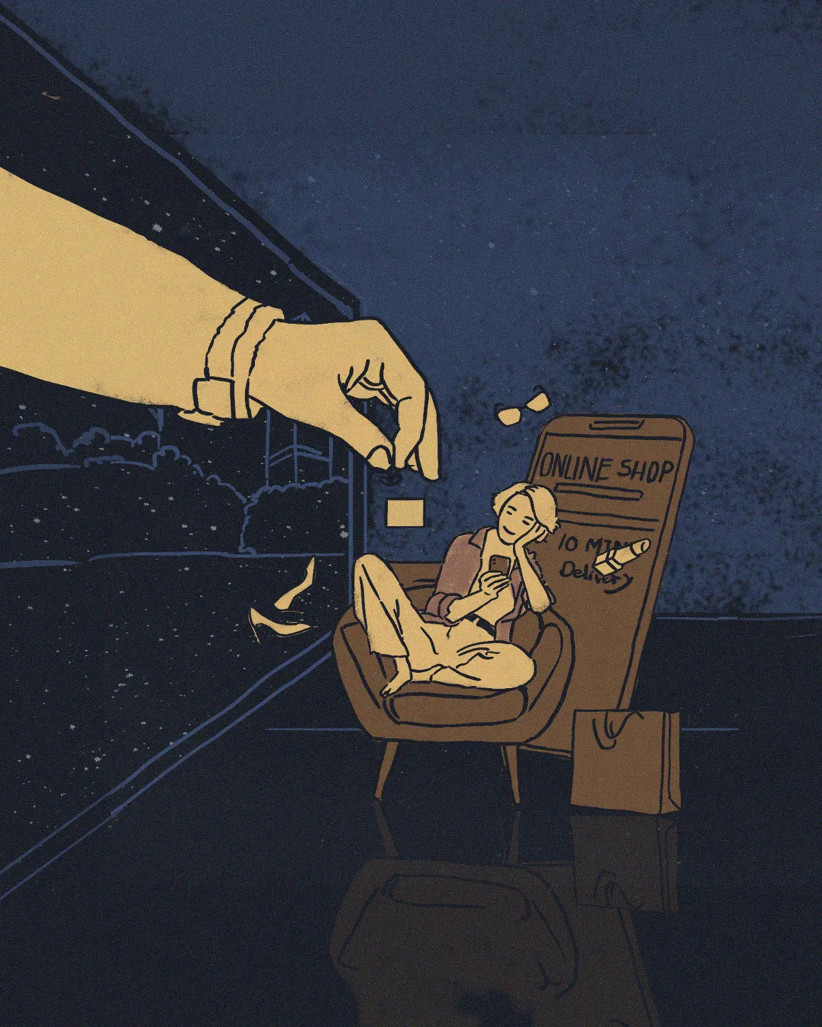 Illustration of a girl sitting relaxed in an armchair using a smartphone, with a large mobile phone display behind showing 'ONLINE SHOP' and '10 MIN DELIVERY', while a large hand drops a coin nearby symbolizing online shopping payments and delivery.