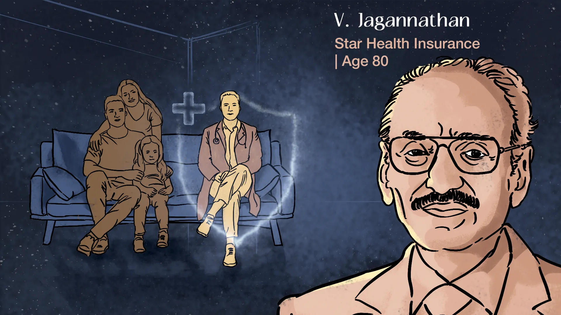 Illustration of V. Jagannathan in the foreground, next to an outlined figure of a doctor sitting on a couch with a stethoscope and a family of three, including two adults and one child.
