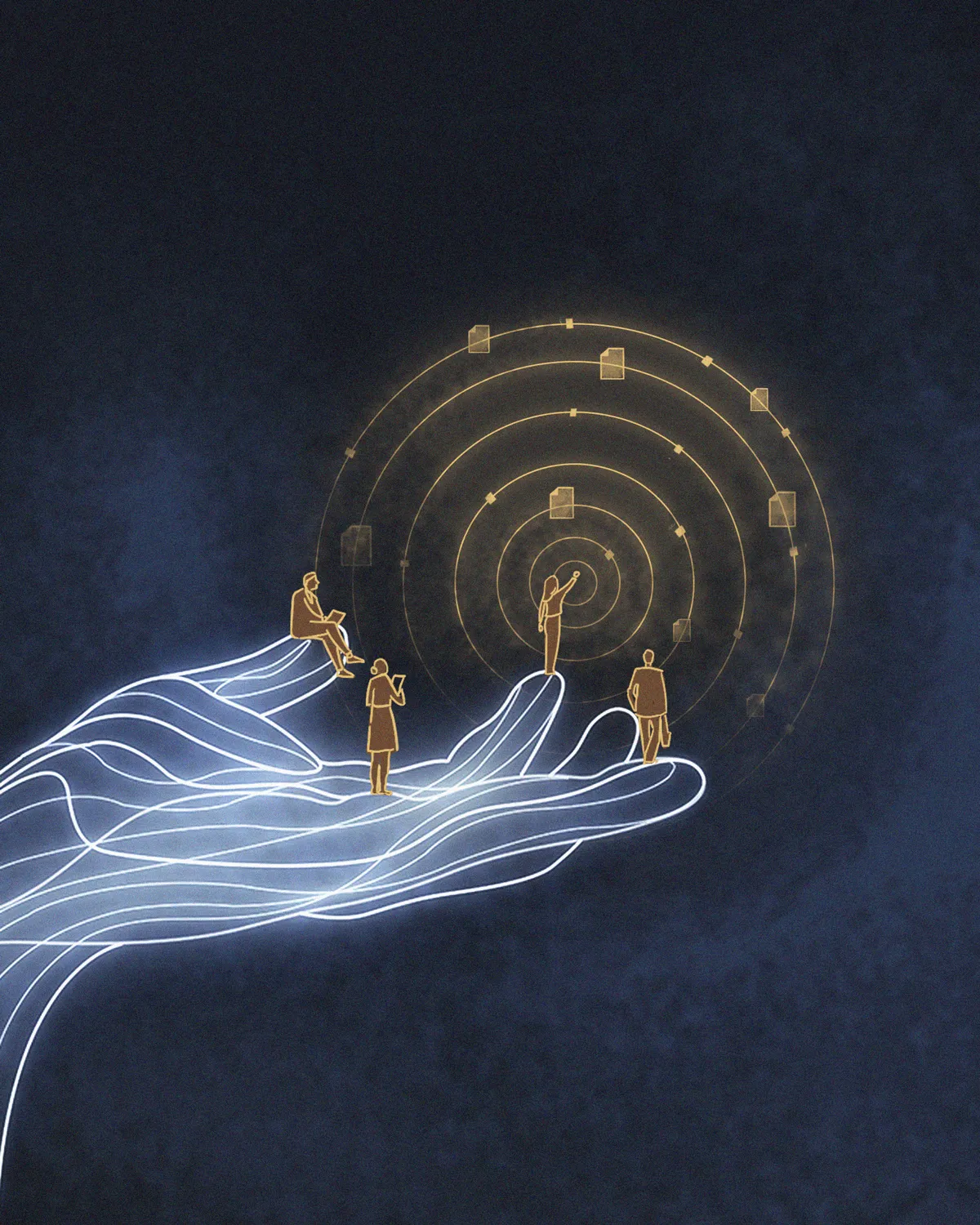 Illustration of a large glowing digital hand supporting scientist create technology.