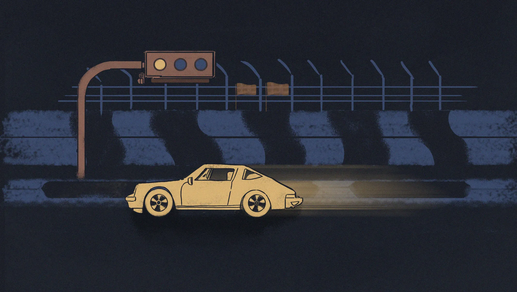 Illustration of a vintage car with illuminated headlights driving past a dark barrier with a traffic light showing yellow.
