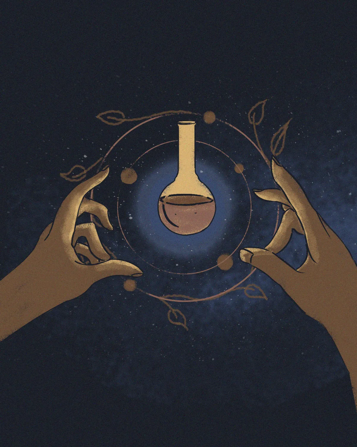 Illustration of two hands holding an orbit-like circle with small spheres and leaves around a central round-bottom flask containing liquid, set against a dark starry background.