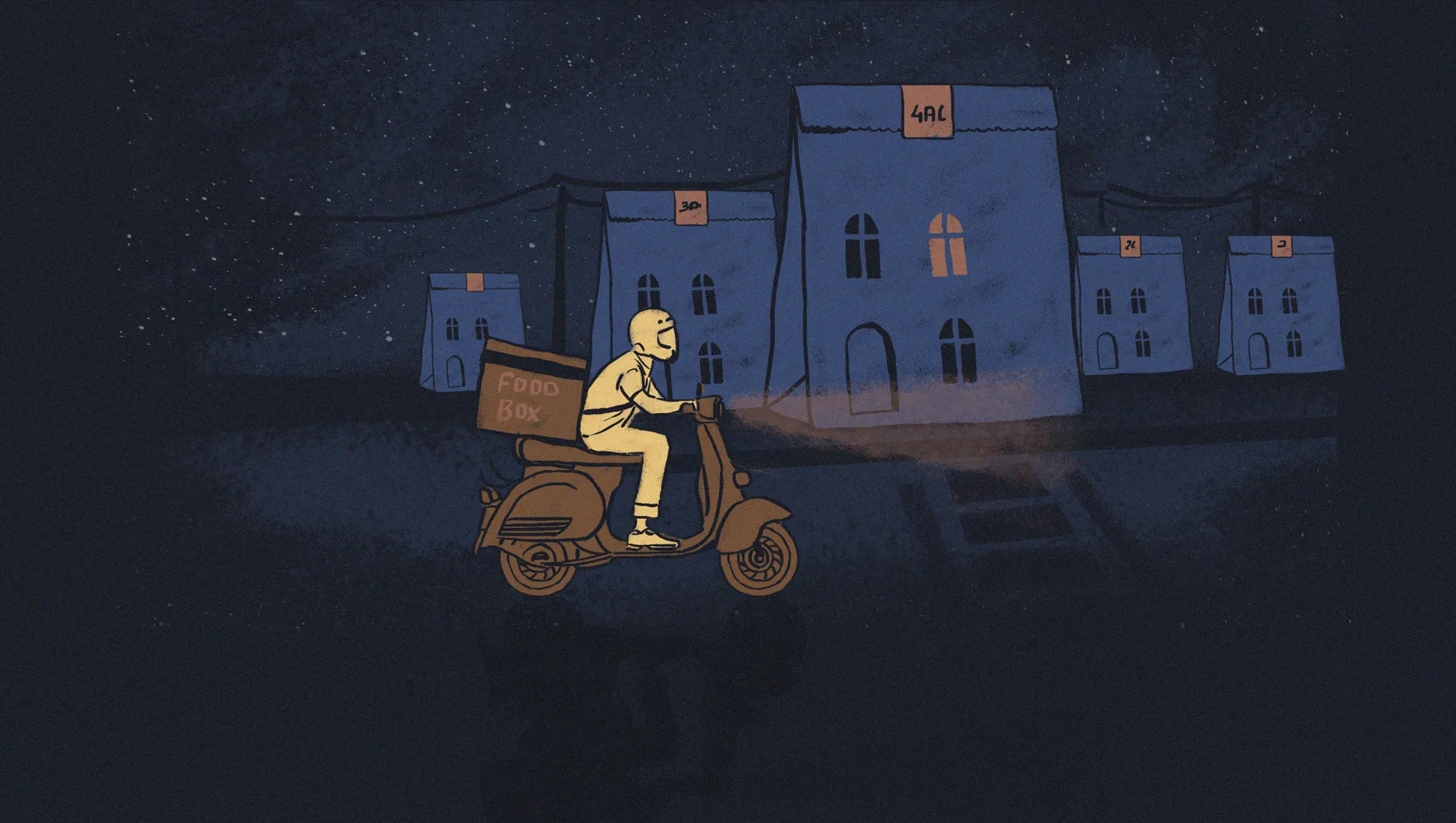 Illustration of Zomato delivery man riding a scooter carrying a Food Box at night, with the scooter's headlight illuminating front of blue buildings under a dark starry sky.
