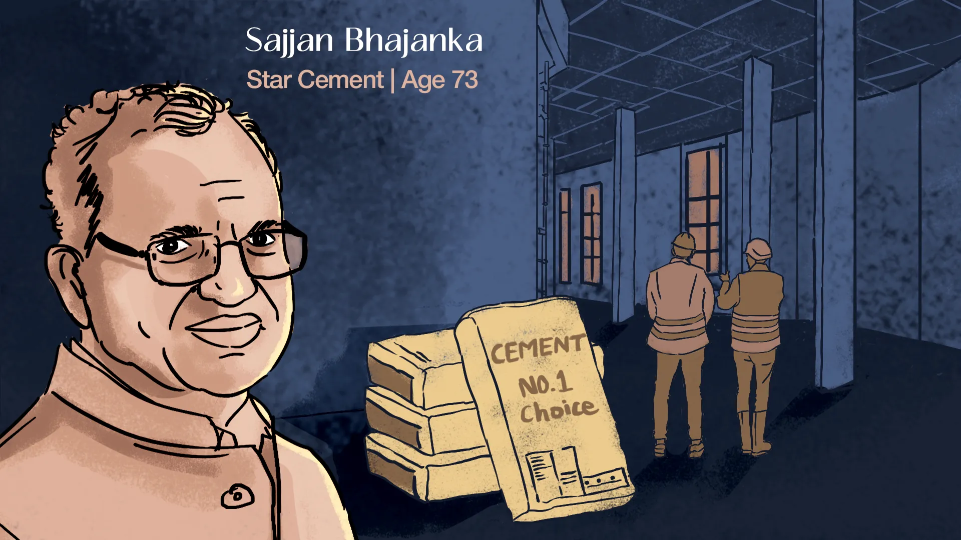 Illustration of Sajjan Bhajanka of Star Cement, shown with cement bags labeled 'CEMENT NO.1 Choice' and two workers in safety vests and helmets inside a large industrial building.