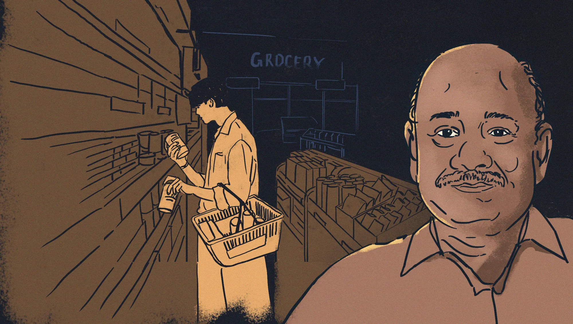 Illustration of R. K. Damani smiling at the foreground while another person shops in a grocery aisle in the background.
