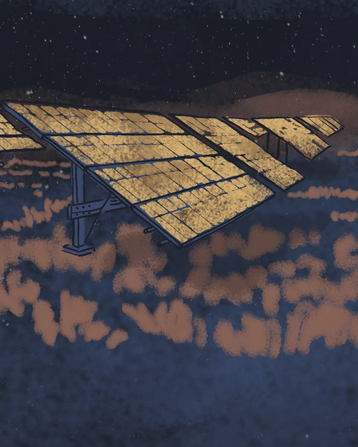 Illustration of solar panels mounted on a horizontal blue stand, with a dark night sky.
