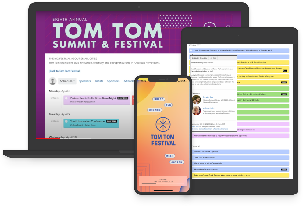 Sched software on laptop, tablet, and laptop showing Tom Tom, one of their non-profits customers