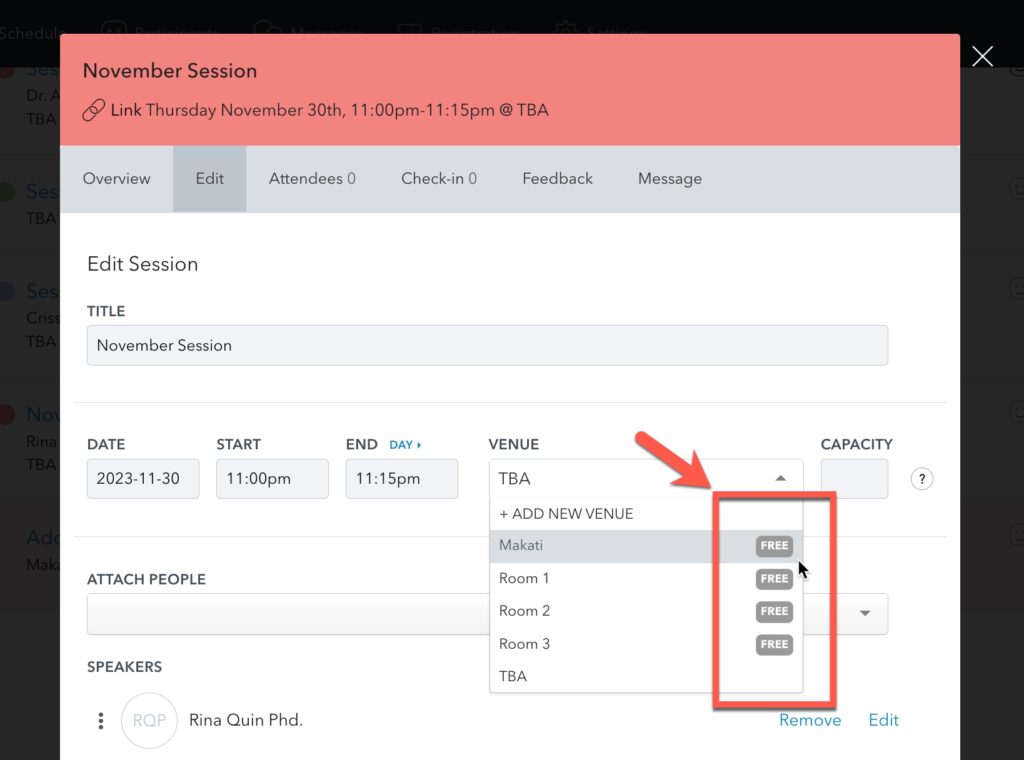Screenshot of Free Room and sponsors function in acton
