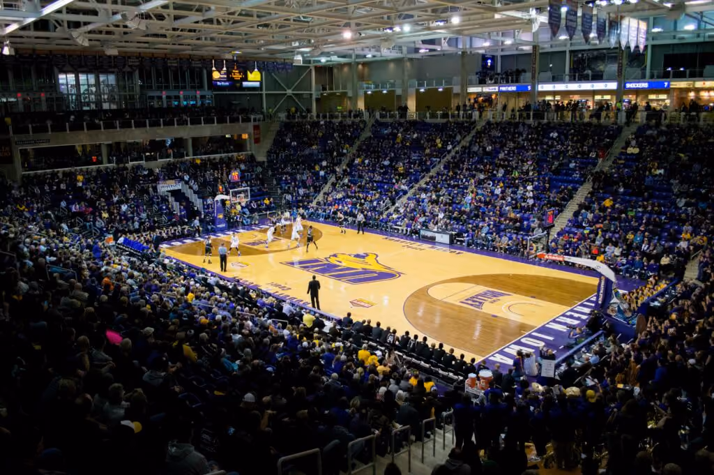College events basketball court filled with fans and players