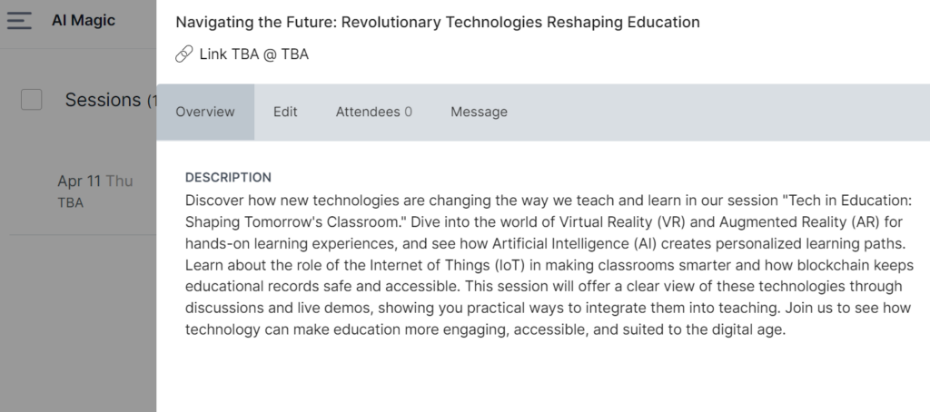 Screenshot of more concise AI descriptions on Sched event platform
