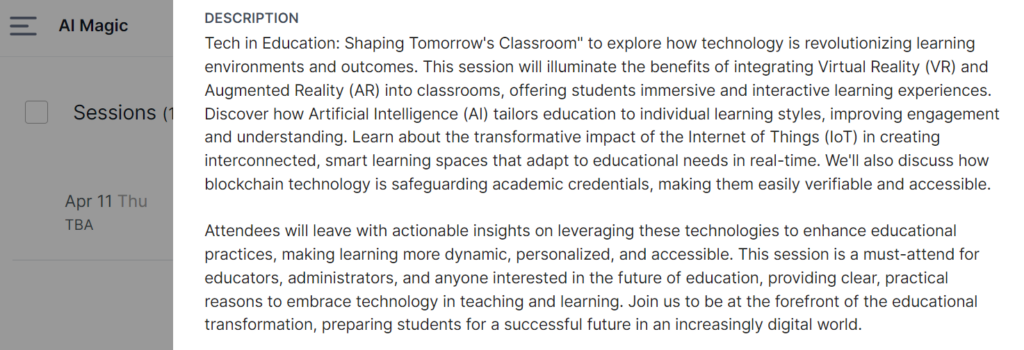 Screenshot of more concise benefits AI descriptions on Sched event platform