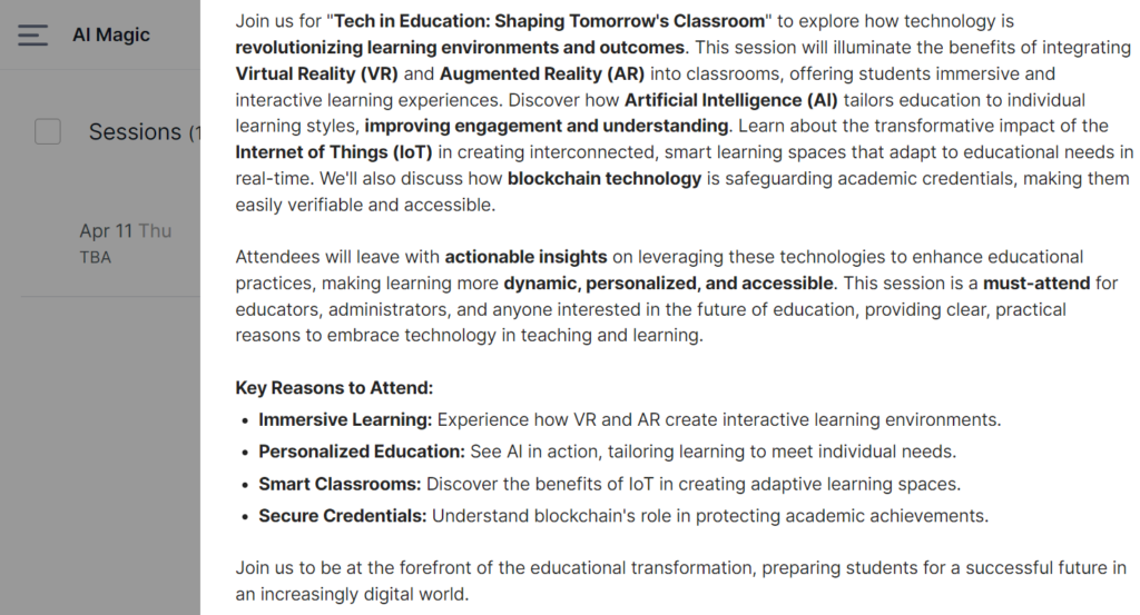 Screenshot of more concise benefits with bullet points AI descriptions on Sched event platform