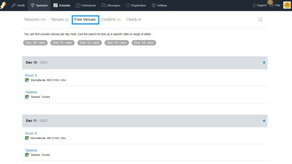 Product update screenshot showing Free Venue and sponsors