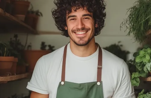 Smiling young man with curly hair wearing a green apron in a plant-filled room.