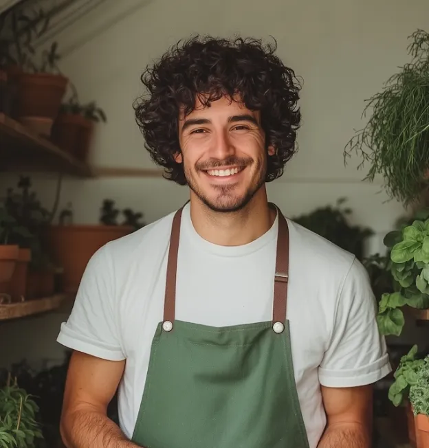 Smiling man with curly hair wearing a green apron and white t-shirt surrounded by plants.