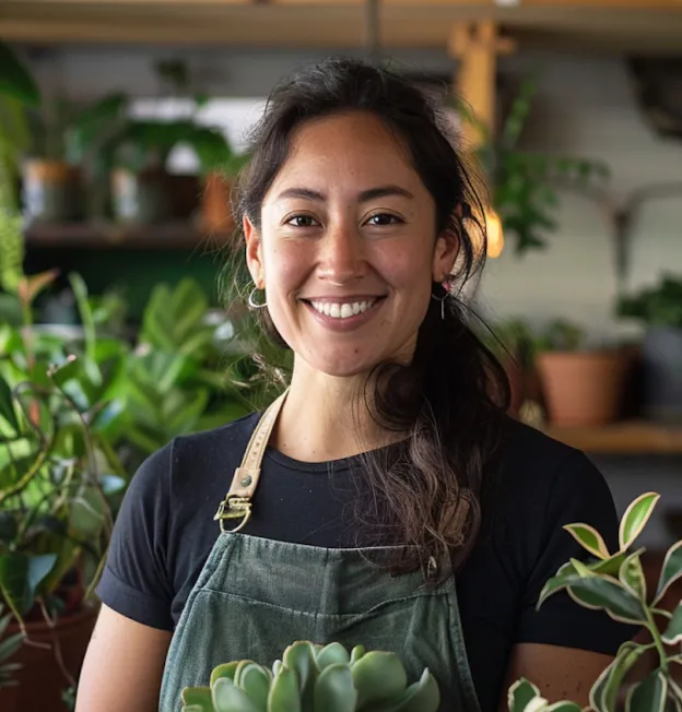 Smiling woman in apron holding succulent plants with green plants in background.