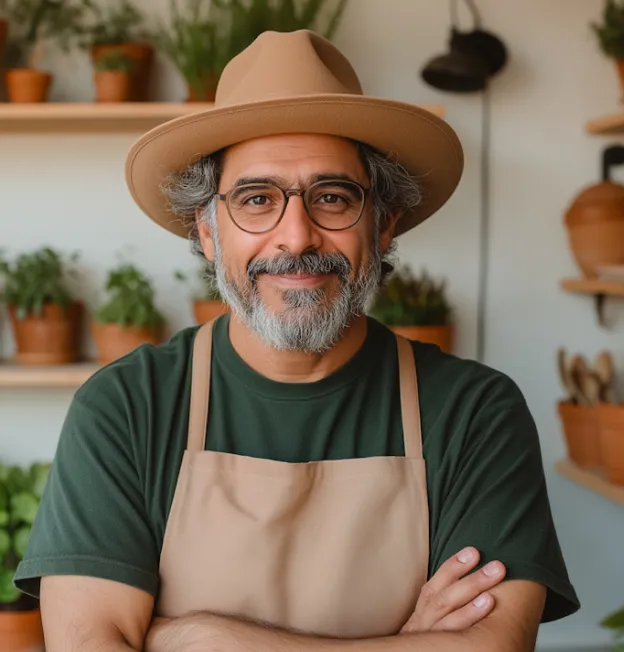 Smiling man with glasses, gray beard, and hat wearing apron stands with arms crossed in a plant-filled room.