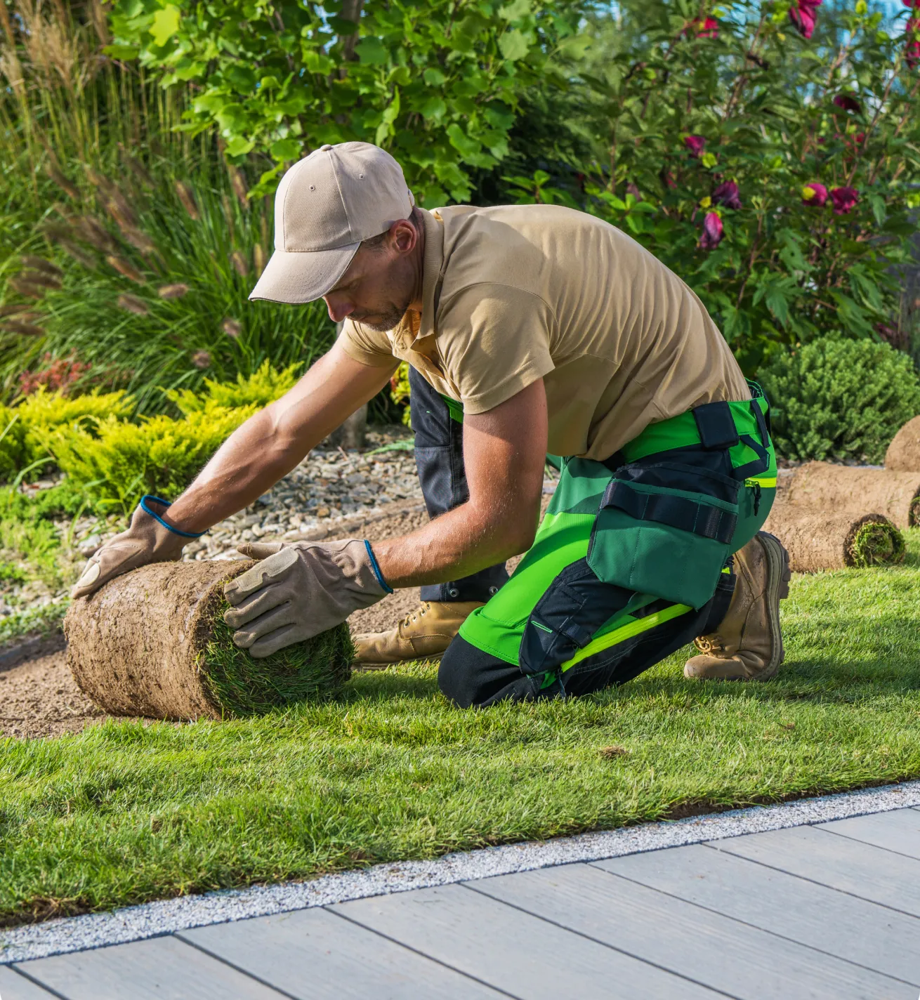Man in work gloves and cap laying rolled sod on a garden lawn next to a patio.
