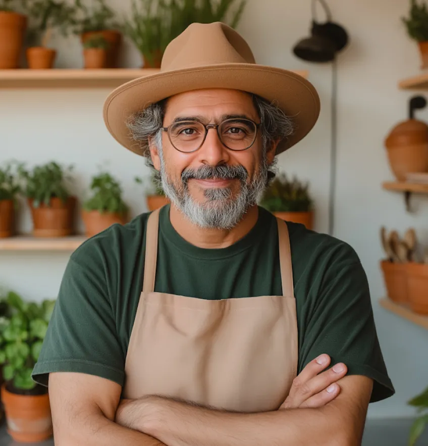 Smiling man with beard, glasses, and hat wearing apron standing with arms crossed in a plant-filled room.