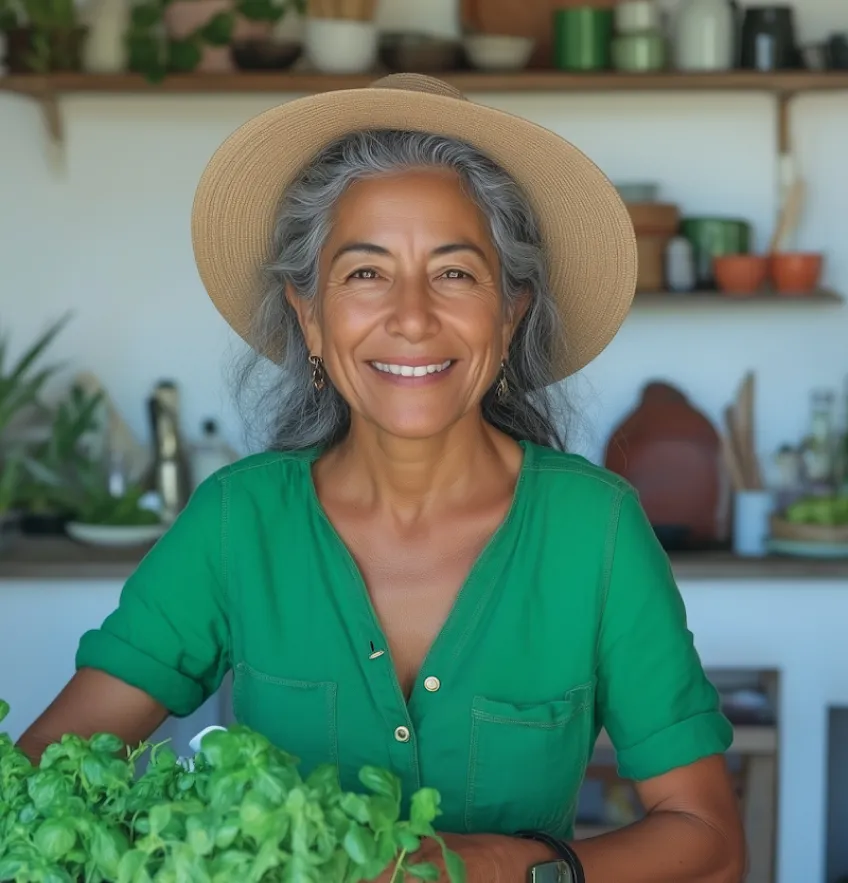 Smiling woman with gray hair wearing a straw hat and green shirt, sitting near fresh green plants indoors.