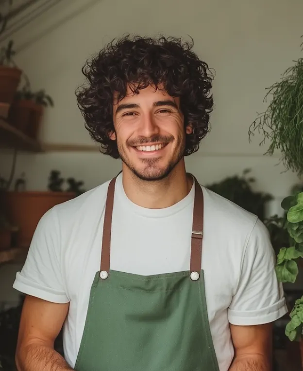 Smiling man with curly hair wearing a white shirt and green apron in a plant-filled room.