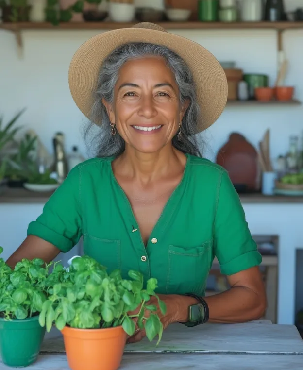 Smiling woman in a green shirt and straw hat sitting at a table with potted plants indoors.