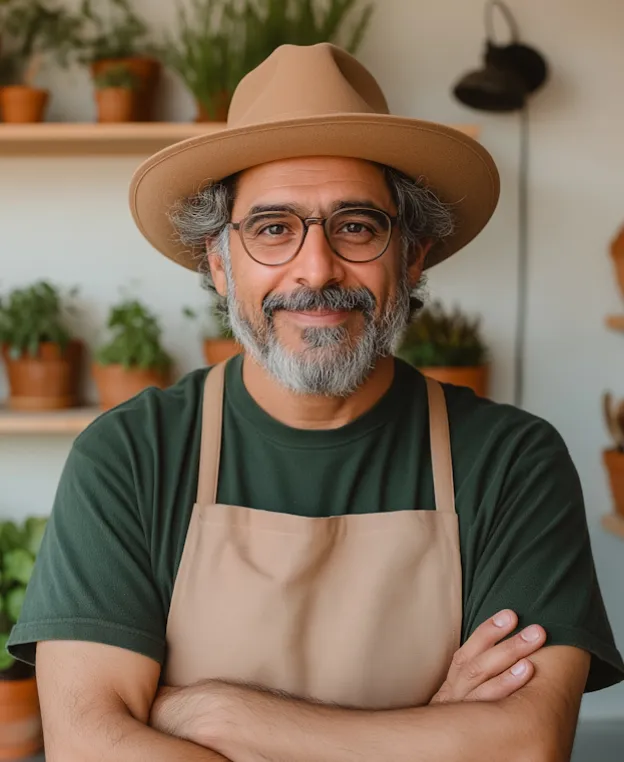 Smiling man with beard and glasses wearing a tan hat, apron, and green shirt with plants behind him.