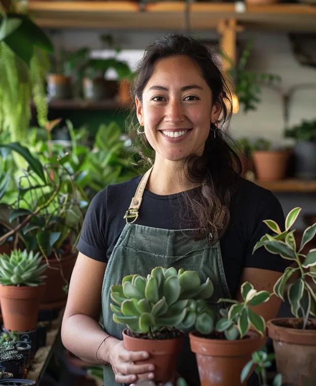 Smiling woman in green apron holding succulent plants in pots surrounded by other indoor plants.