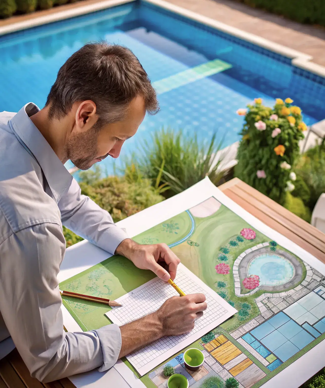 Man in light shirt working on a garden design plan by a pool with flowers in the background.