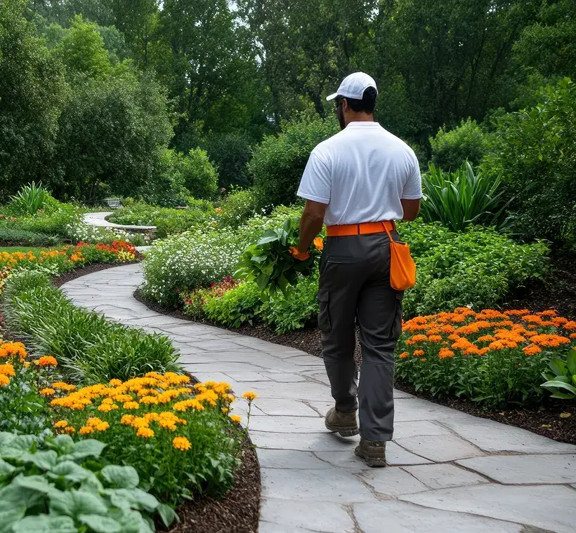 Man in white shirt and cap walking on garden path holding green leafy plants.