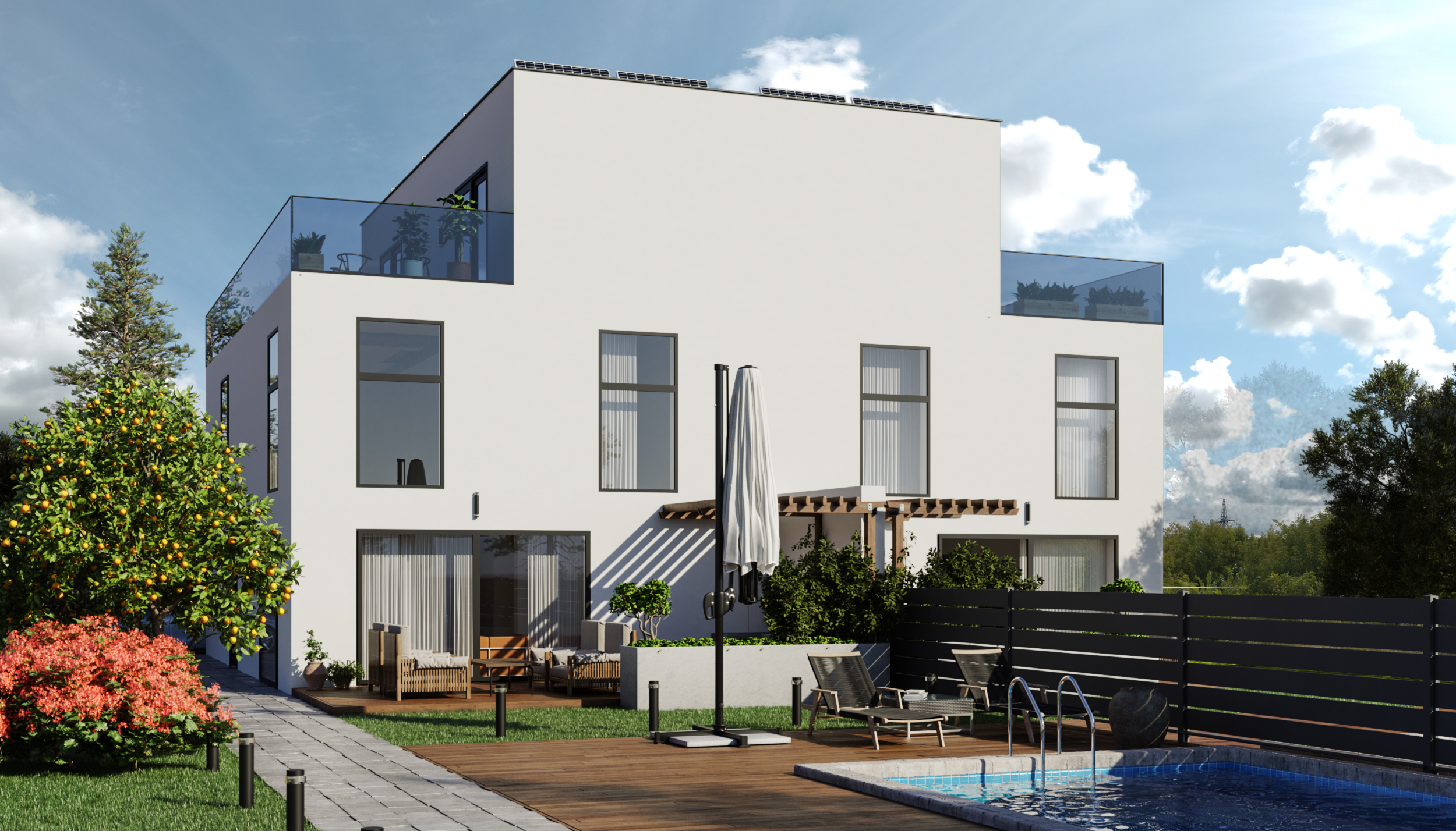 Gartenansicht des Doppelhauses