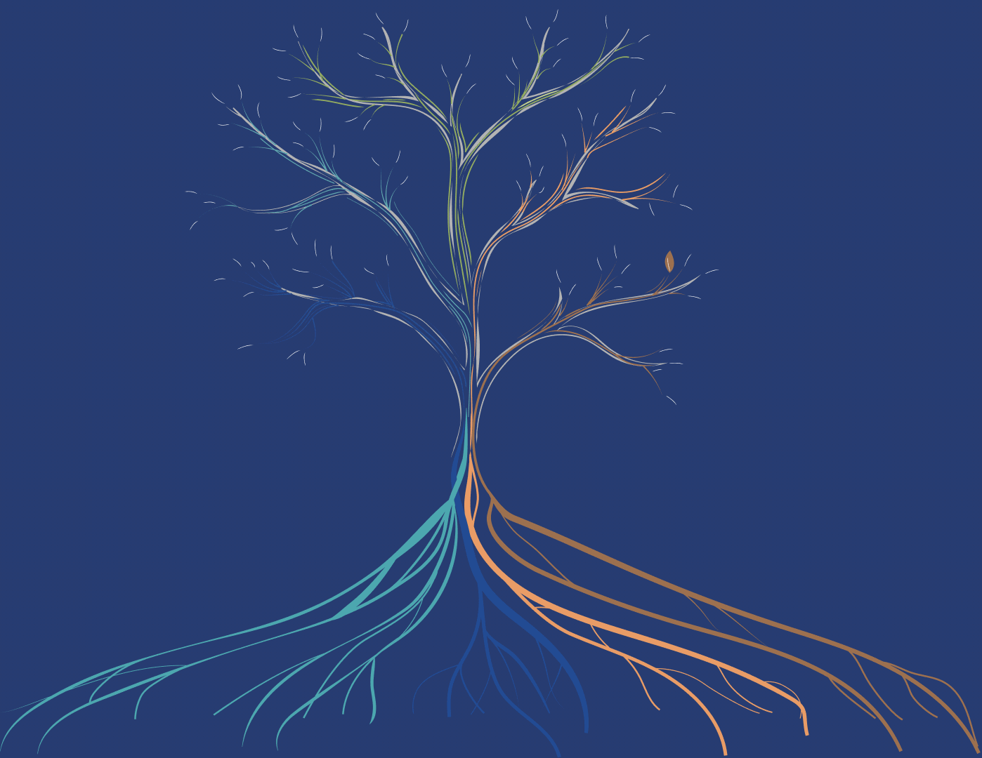 A tree with blue, teal, green, orange and brown leaves, branches and roots