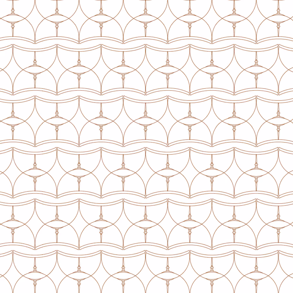 Seamless geometric pattern of curved lines and shapes in light brown on white background.