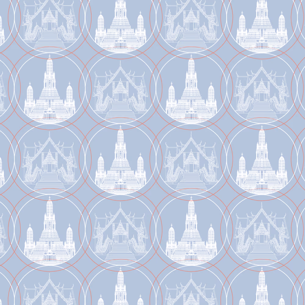 Pattern of white Thai temple illustrations inside circles on a light blue background.