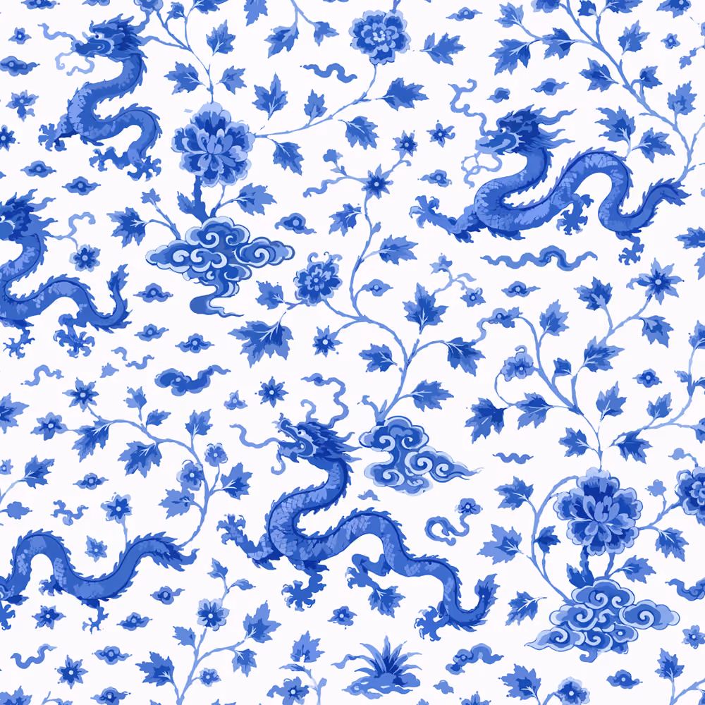 Blue and white pattern with Chinese dragons and floral motifs on a white background.