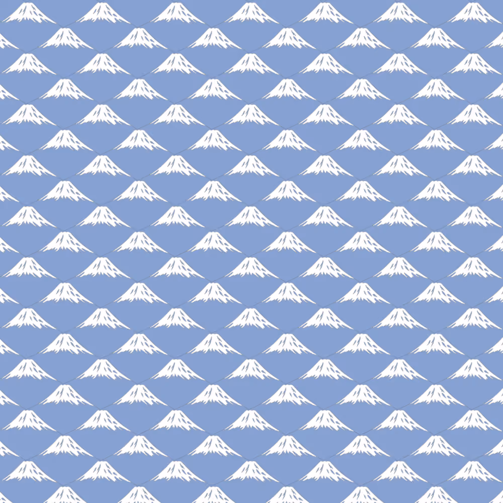 Repeating pattern of a white snow-capped Mt Fuji on a blue background.