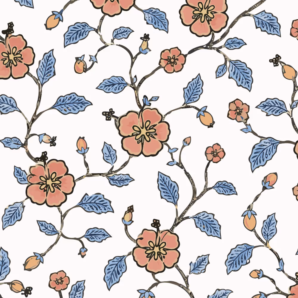 Pattern of Hibiscus flowers with yellow centers and blue leaves on thin brown branches on a white background.