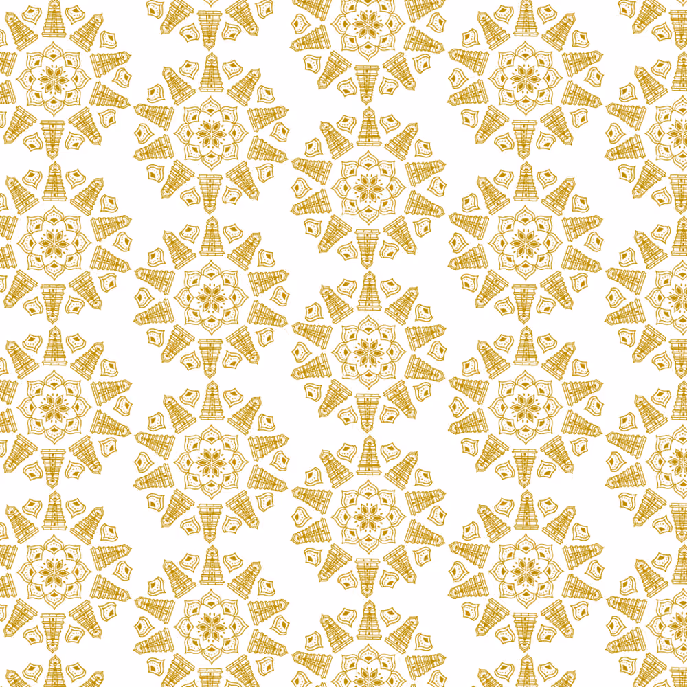 Repeating pattern of golden mandalas with intricate floral and geometric shapes on a white background.