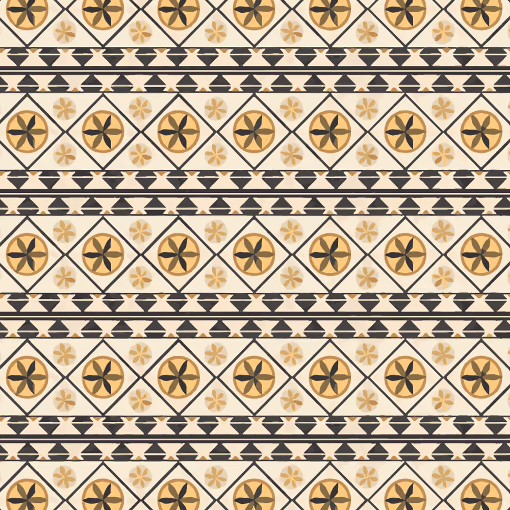 Seamless geometric pattern with alternating black and gold flower motifs inside diamond shapes and rows of triangle shapes.